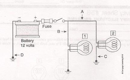 <p>What would result if the circuit were shorted to ground at B?</p><p>&nbsp;only bulb 2 would light</p><p>blown fuse</p><p>&nbsp;no problem</p><p>&nbsp;bulb 1 would be dim</p>