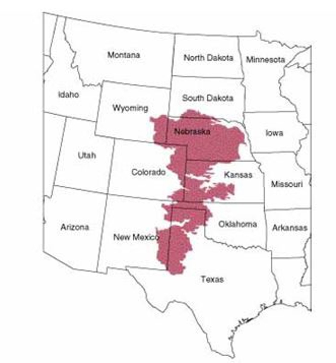 <p>World's largest aquifer; under parts of Wyoming, South Dakota, Nebraska, Kansas, Colorado, Oklahoma, New Mexico, and Texas (the Midwest). Holds enough water to cover the U.S. with 1.5 feet of water. Being depleted for agricultural and urban use.</p>