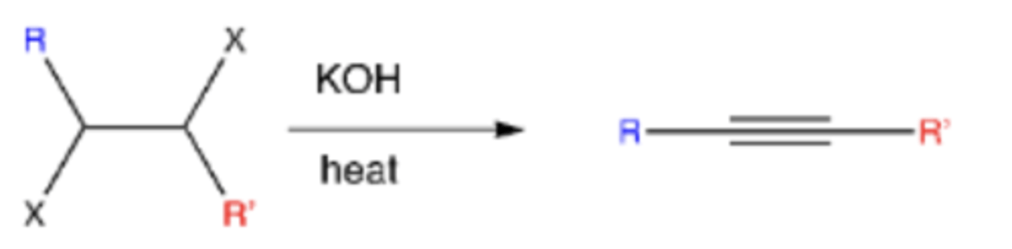 <p>vicinal dihalide + KOH and heat</p>