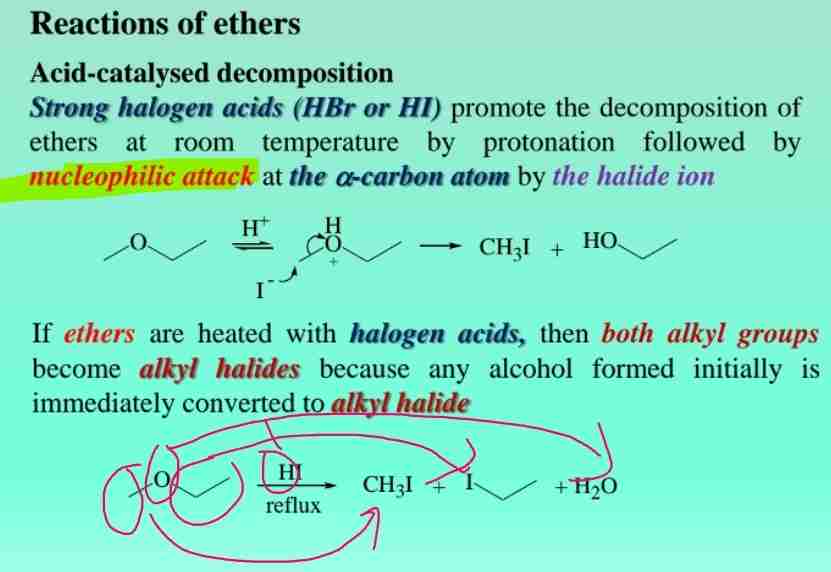 <p>React with strong halogen acids (HBr/HCl) to promote decomposition of ethers at room temperature followed by nucleophilic attack at the a-carbon atom by halide ion.</p><p>If ethers are heated with halogen acids, both alkyl groups become alkyl halides </p>