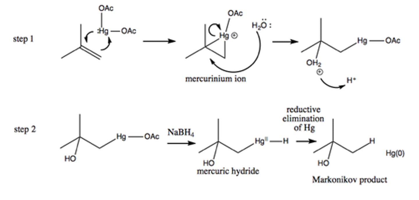 <p>Markovnikov addition of hydroxide in anti-formation with Hydrogen, no H+ shift</p><p>1. Hg(OAc)2/THF/H2O</p><p>2. NaBH4 (to reduce Hg off)</p>