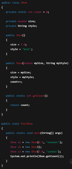 <p><span><span>What is printed as a result of executing this code segment if it is executed before any other instances of&nbsp; Shoe&nbsp; are constructed?</span></span></p>