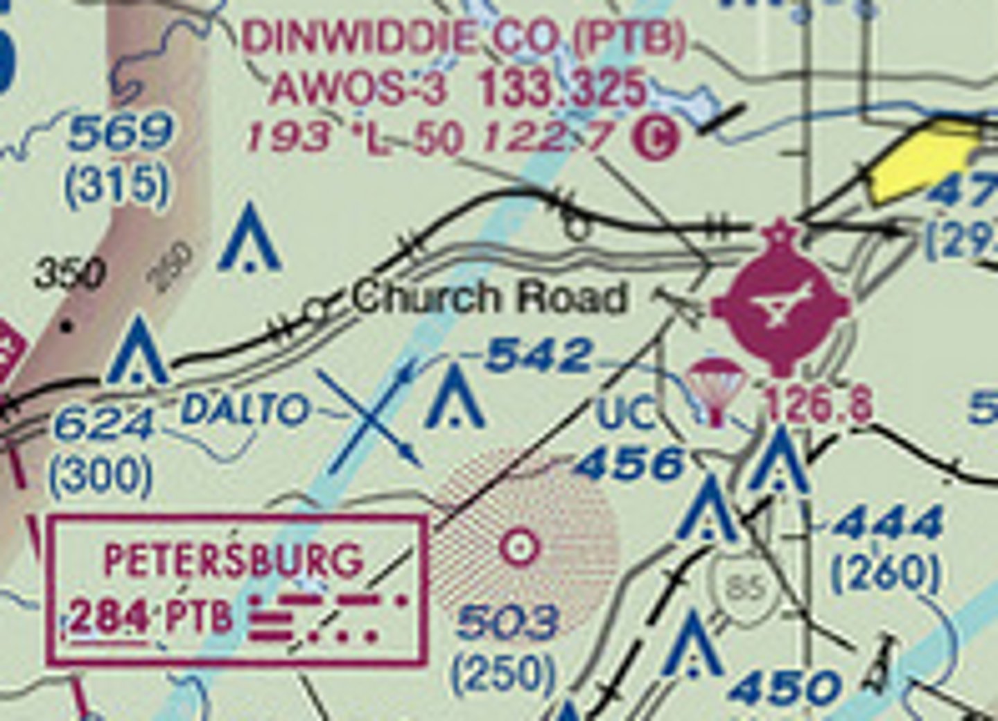 <p>4 nm Southwest of Dinwiddie County airport a circular pattern of magenta dots marks a navigational aid known as a . . .</p>