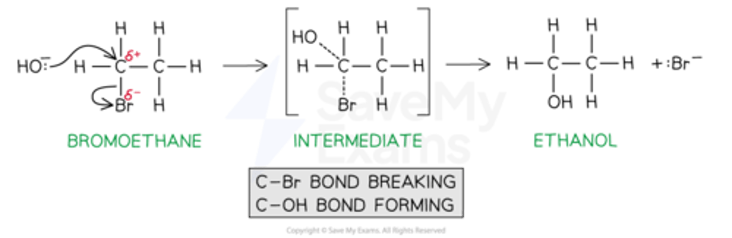 <p>- one step reaction</p><p>- consists of a temporary transitional intermediate phase </p><p>- rate of reaction (RDS) depends on concentration of halogenoalkane and nucleophile</p><p>- for all primary halogenoalkanes (+ some secondary)</p>