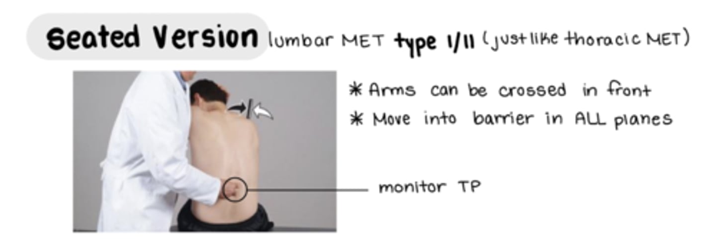 <p>osteopathic hug or pt arm on neck</p><p>monitor TP</p><p>(same as thoracic sitting MET)</p>