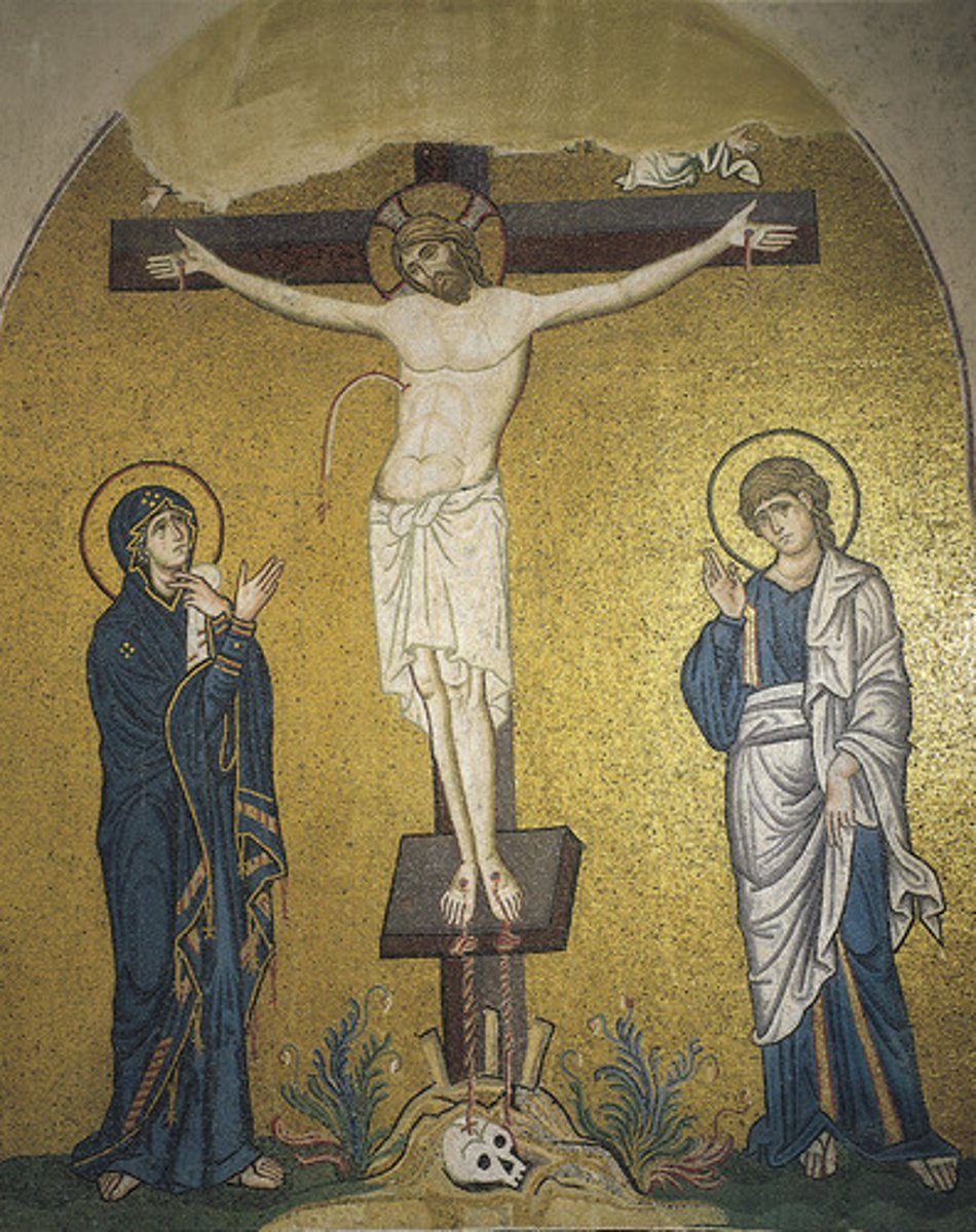 <p>A type of execution in which a person was nailed to a cross - how Jesus was killed by the Romans</p>