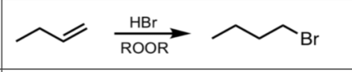 <p>- The addition of a halogen (Br) and H with the use of a free-radical mechanism</p><p>- The use of free-radicals makes this anti-markovnikov</p><p>- No carbocation, but instead forms a stable free radical</p>