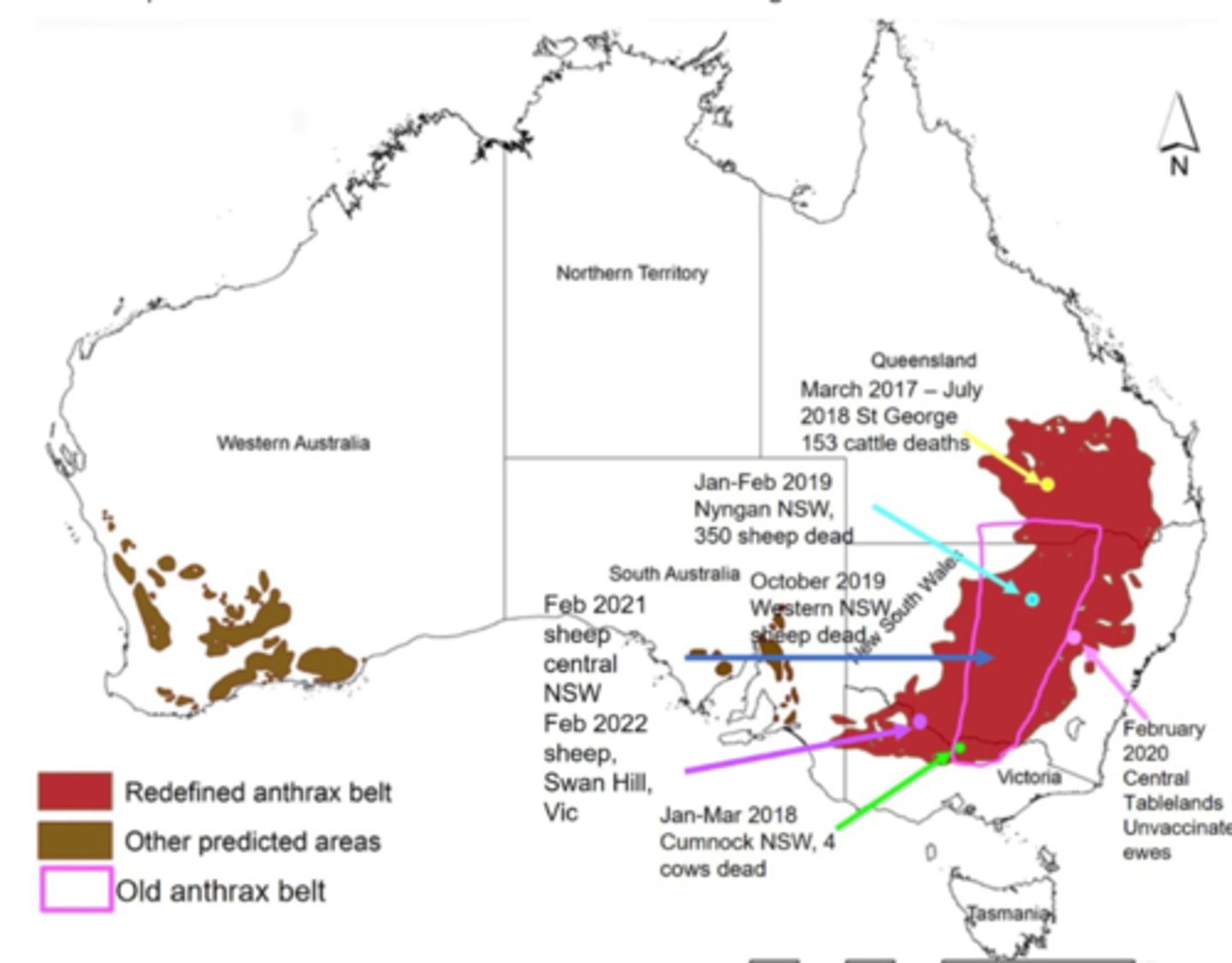 <p>Old stock route that was travelled, therefore has endospores of Bacillus Anthracis is still found in soils:</p><p>Extends from North Victoria, through NSW, and into Southern QLD </p>