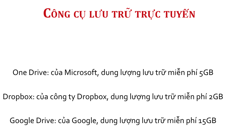 <p><strong>Giới hạn lưu trữ miễn phí của: </strong></p><ol><li><p>Dropbox</p></li><li><p>Onedrive</p></li><li><p>GG drive </p></li></ol><p></p>