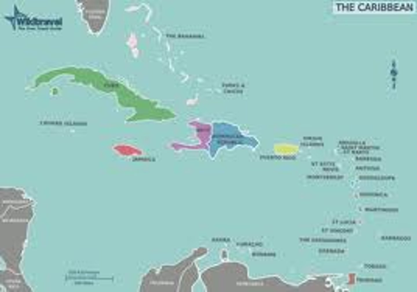 <p>an island chain that divides the Caribbean Sea from the rest of the Atlantic Ocean</p>