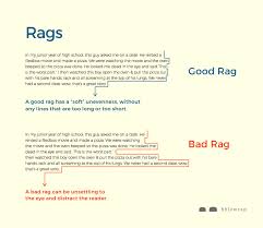 <p>(Tight rags <span data-name="check_mark_button" data-type="emoji">✅</span>)</p><p>So clean</p><p>(Loose rags<span data-name="cross_mark" data-type="emoji">❌</span>)</p><ul><li><p>all caps where it doesn’t belong </p></li><li><p>Poor line length </p></li><li><p>Windows &amp; orphans </p></li><li><p>Bad hyphens </p></li><li><p>Not hanging quotes</p></li><li><p>Bad rags</p></li><li><p>More than one space after punctuation</p></li><li><p>Incorrect quotation mark</p></li><li><p>Incorrect apostrophes </p></li><li><p>Wrong dashes </p></li><li><p>Underlining </p></li></ul><p></p>