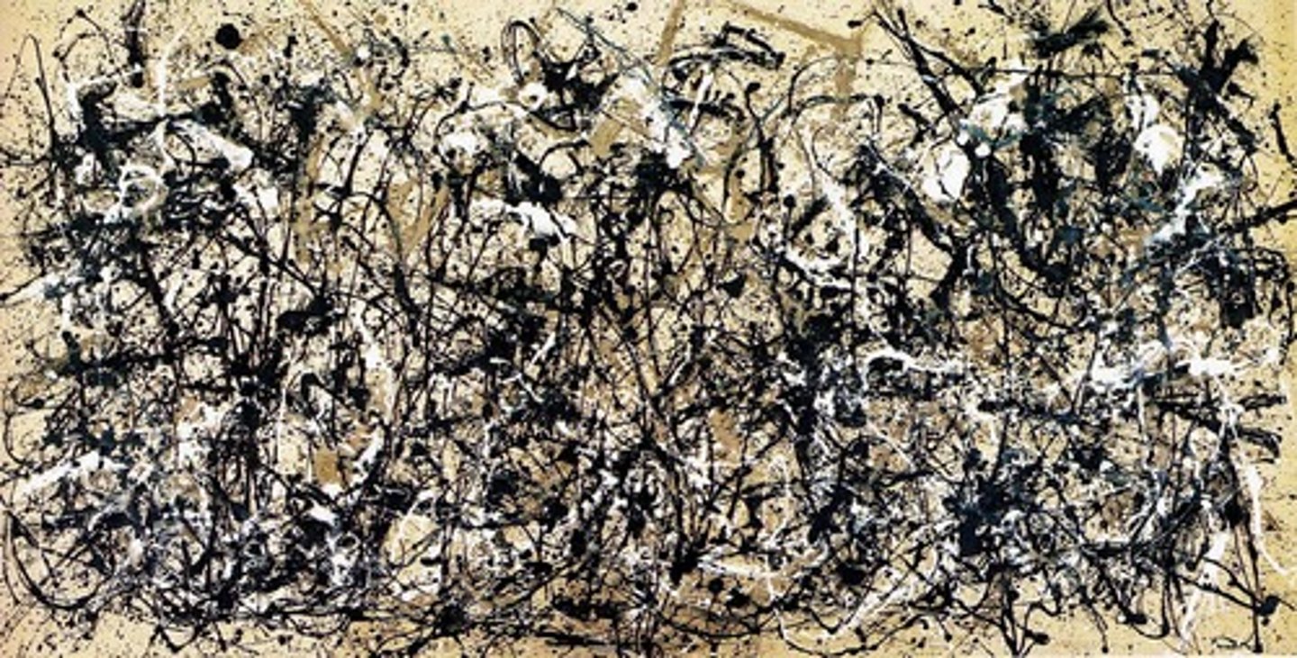 <p>an abstract painting in which the artist drips or splatters paint onto a surface like a canvas in order to create the work</p>