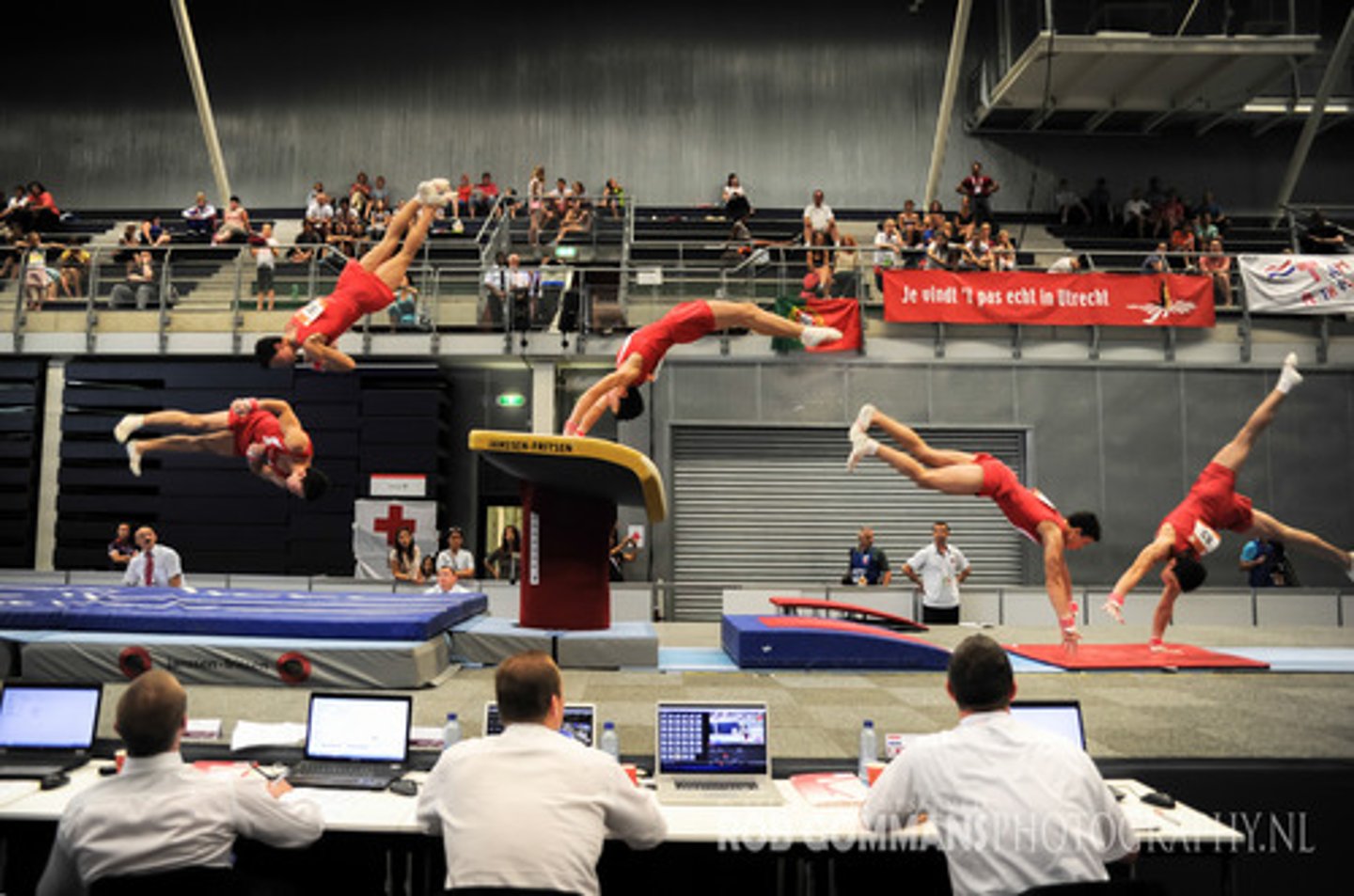 <p>to practice/do gymnastics</p>