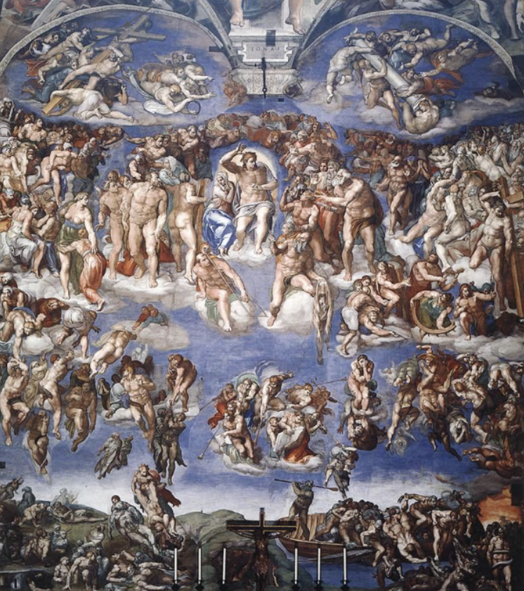<p>Michelangelo, Last Judgment, altar wall of the Sistine Chapel, 1536–41. Approx. 45 ft H. Fresco</p>
