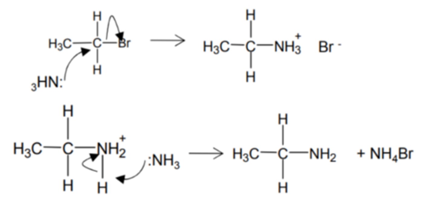 <p>[Nucleophilic substitution]</p><p>Excess NH₃, heat</p><p>Product = Ethylamine</p>