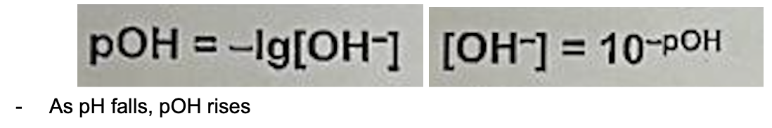 <ul><li><p><span>pOH (Def.): negative logarithm to base 10 of OH- concentration in mol dm^-3, it is the measure of the contentation of OH- ions in a solution (no units)&nbsp;</span></p></li></ul><p></p>