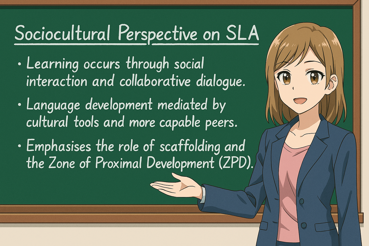 <ul><li><p>Learning occurs through social interaction and collaborative dialogue.</p></li><li><p>Language development mediated by cultural tools and more capable peers.</p></li><li><p>Emphasises the role of scaffolding and the Zone of Proximal Development (ZPD).</p></li></ul><p></p>