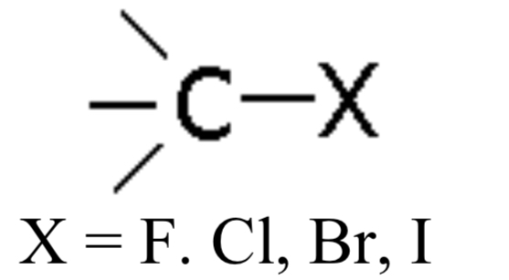 <p>Compound with a halogen (F, Cl, Br, I, e.g., Iodoethane), no specific ending</p>