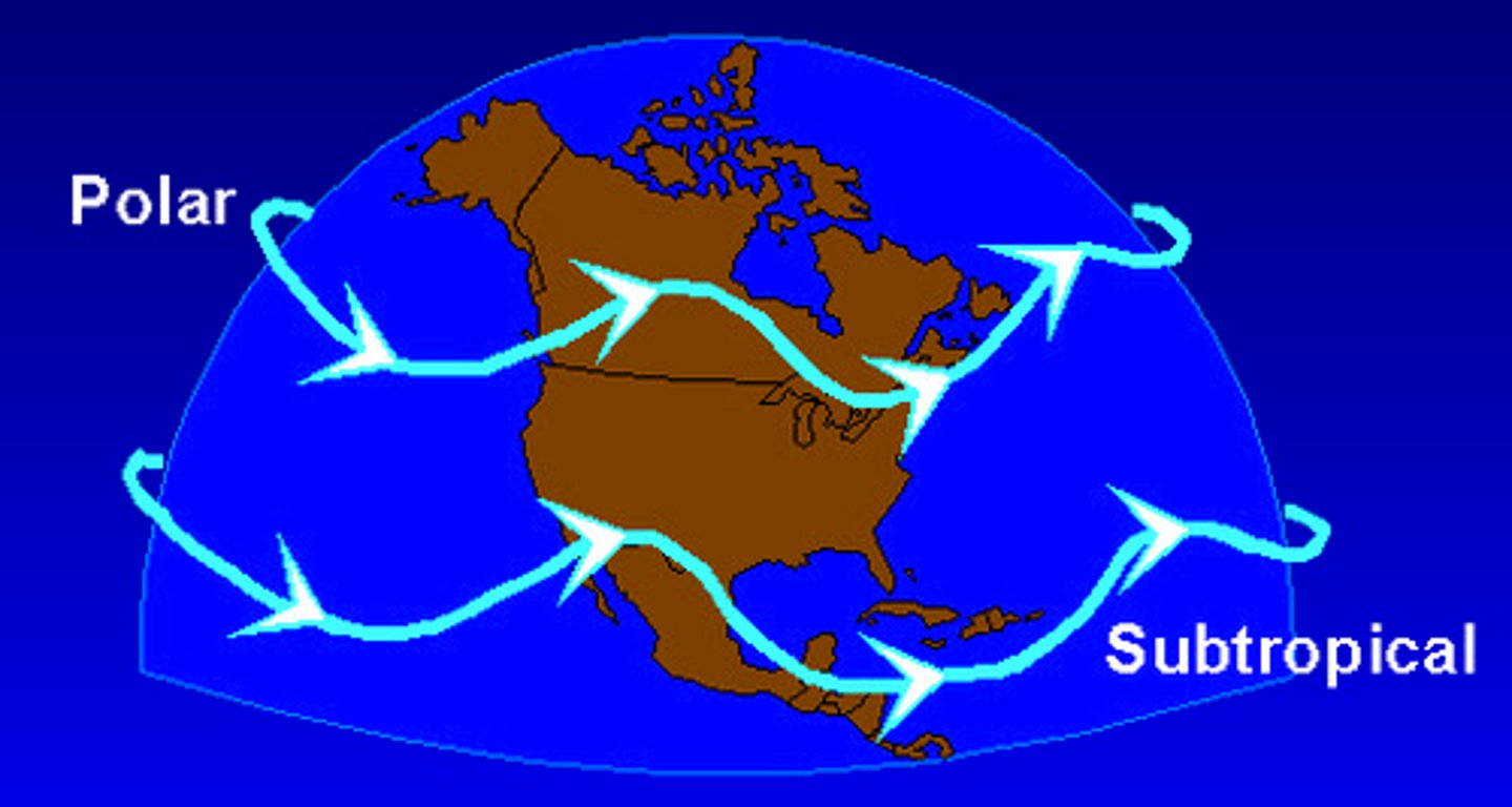<p>a high-speed high-altitude airstream blowing from west to east near the top of the troposphere</p>