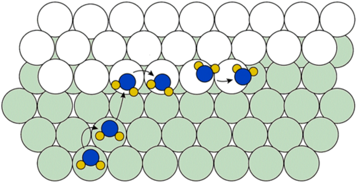 <p>movement of atoms or ions through a solid to arrange into a new crystal structurem</p>