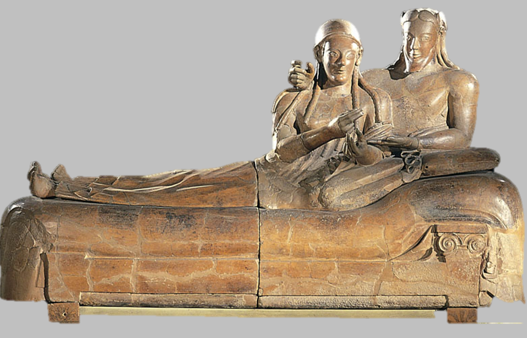 <ul><li><p>husband &amp; wife on a dining couch</p></li><li><p>Archaic like style</p></li><li><p>Man has his hand over lady shoulder, she showing him smth</p></li></ul><p></p>