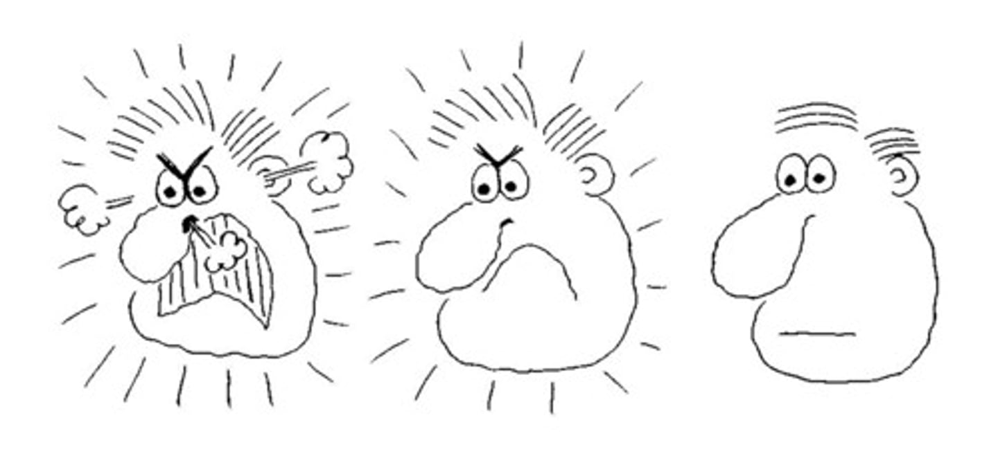 <p>to become less excited and tense; to help someone (or a</p><p>difficult situation) to become less excited and tense.</p>
