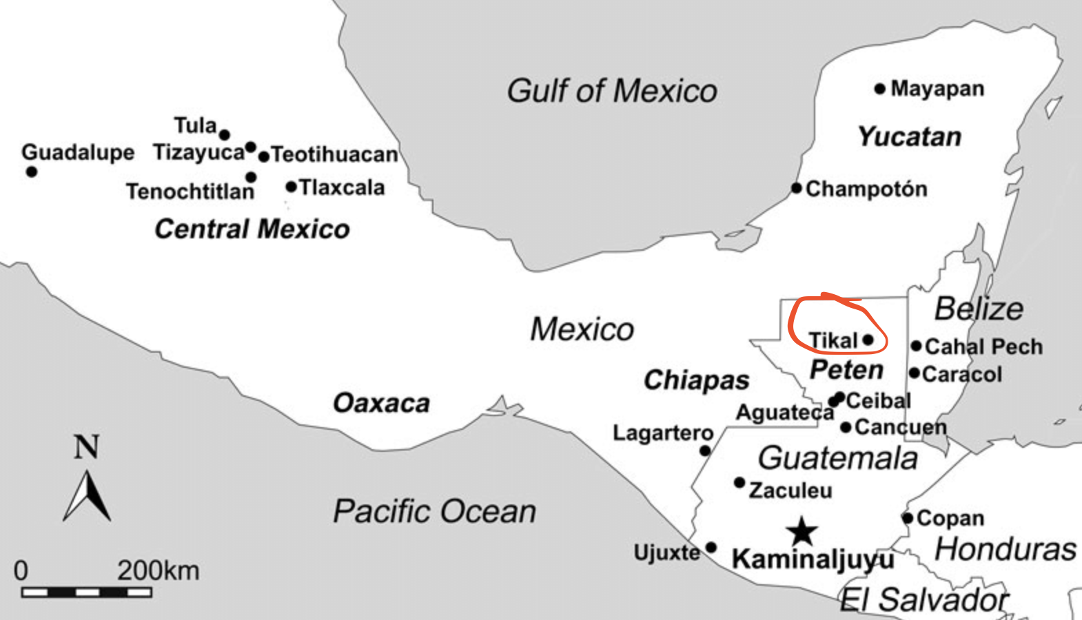 <p>prominent and wealthy Mayan city from 600-800 CE that had paved plazas, pyramids, palaces, public buildings and temples. Had the Temple of the Giant Jaguar.</p>