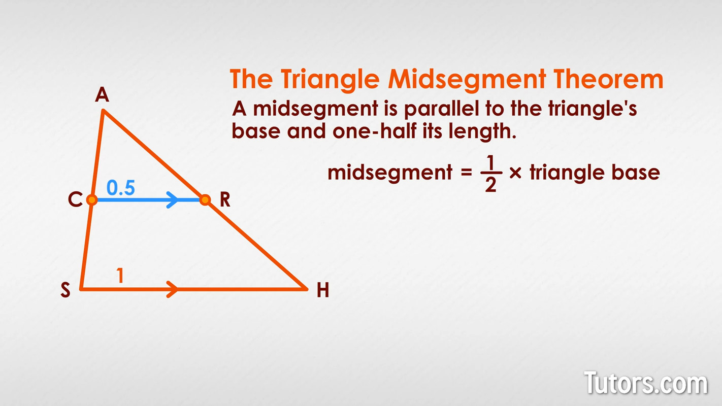 <p>A midsegment is a segment with endpoints that are the midpoints of two sides of the triangle. Each triangle has <strong>three </strong>midpoints.</p><p></p><p>A triangle’s midpoint is half of it’s side.</p>
