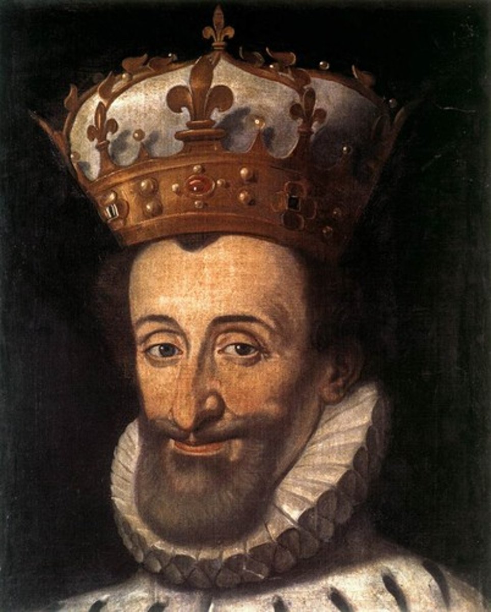 <p>Political leader of the Huguenots and a member of the Bourbon dynasty, succeeded to the throne as Henry IV. He realized that as a Protestant he would never be accepted by Catholic France, so he converted to Catholicism. "Paris is Worth A Mass". When he became king in 1594, the fighting in France finally came to an end.</p>