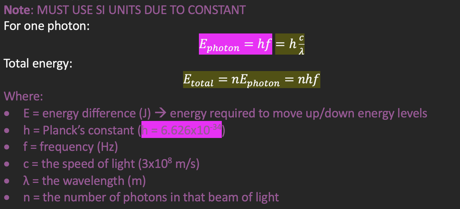 <p>Energy can be measured in eV</p><p><strong>Electron volt (eV) </strong>– the energy (ΔE) gained by a particle moving through a potential difference, which is equal to the charge (e) times the potential difference (V</p><ul><li><p>Uses equation W=qV</p></li><li><p>A unit of energy: 1eV = 1.602x10-19J</p></li><li><p>J → (÷ 1.602x10-19) → eV (going to a bigger number)</p></li><li><p>eV → (x 1.602x10-19) → J (going to a smaller number)</p></li></ul><p></p>