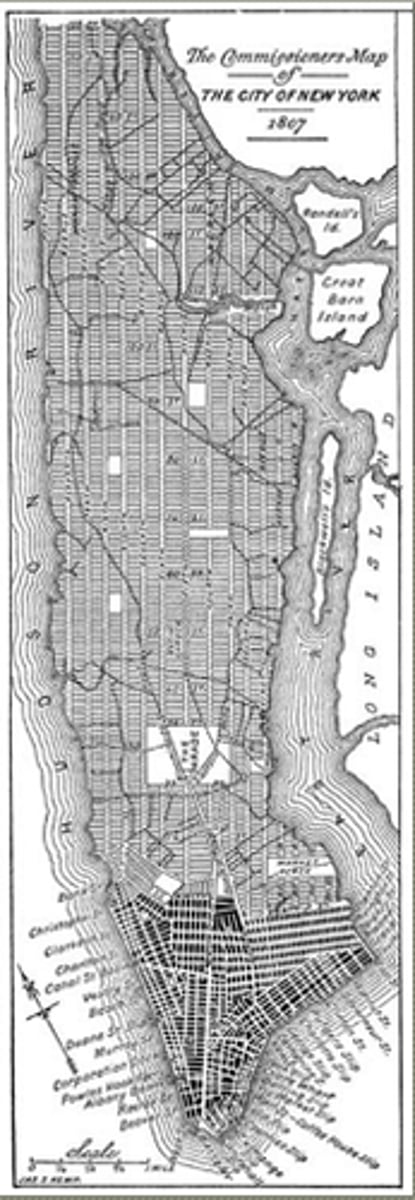 <p>Figure J - Year 1811 Commissioners plan for manhattan.</p><p>Tilting NE at 29 degrees. Identify the image.</p><p>a. Radiant city</p><p>b. Gridiron</p><p>c. Garden City</p><p>d. Broadacre City</p>