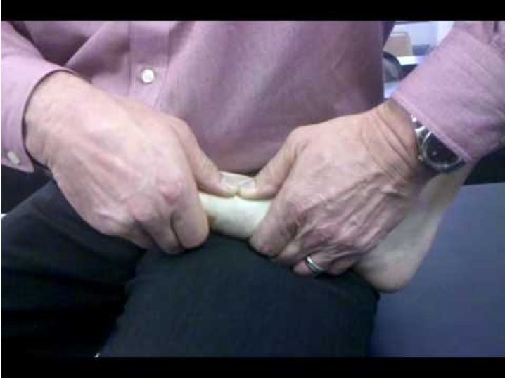 <p>Position: Slight flexion. Hands at joint line</p><p>Purpose: Flexion/extension</p><ul><li><p>Plantar- flexion</p></li><li><p>Dorsal -extension</p></li></ul>