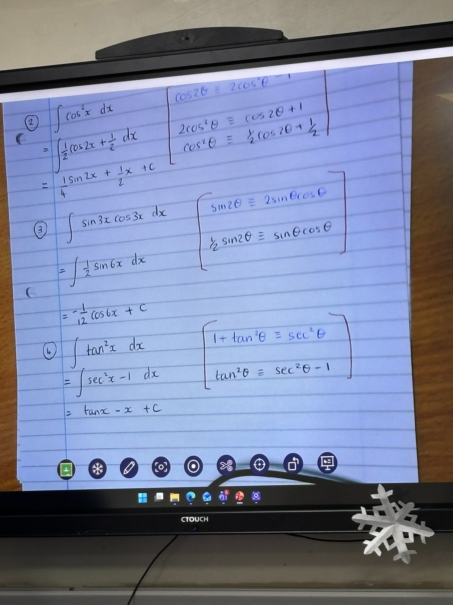 <p>use trig identities to rewrite into something u can solve</p><p></p><p>eg. with the given examples that would be:</p><p><strong>1-cos2x</strong><br><strong>sin2x</strong><br></p><p>more examples pictured</p>