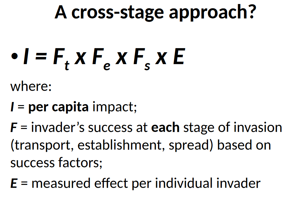 <p>I (per capita impact) = Ft x Fe x Fs (success at each invasion stage) x E (measured effect per individual)</p><p>Focuses on how the steps of invasion plays into the effect.</p>