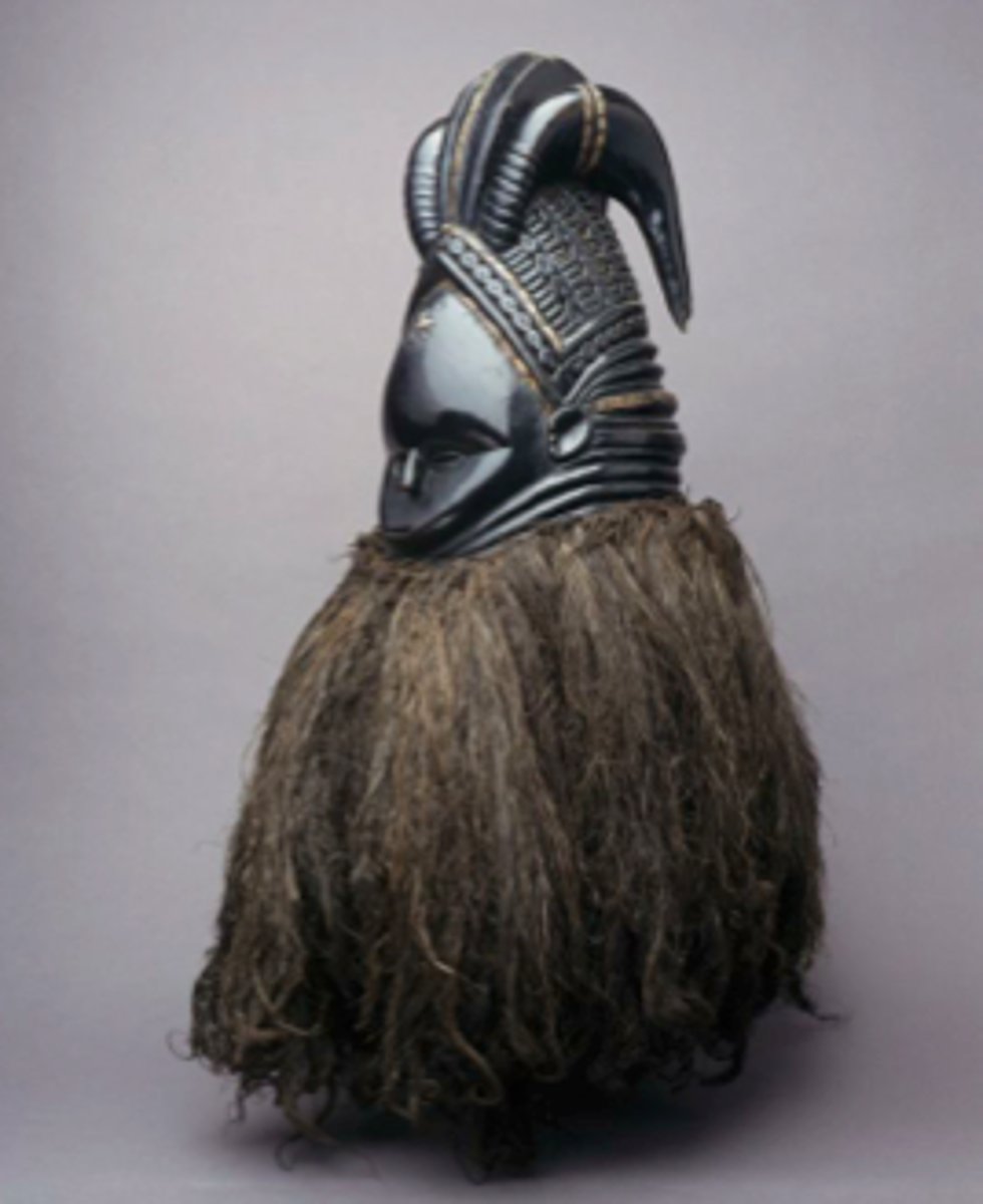 <p>MENDE PEOPLE! Wood, cloth, fiber<br><br>WORN BY WOMEN!!!!!!!! Top of the head, <br>CELEBRATES ADULTHOOD! Initiation ceremony<br>Girls are dressed as SOWEI (water spirit) wearing fiber gown, rings = head through water!!!<br>Could also be initiation into SANDE society (education)<br>Elaborate hairstyle (STATUS) foreheads (WISDOM) and closed eyes (MODESTYY)<br>APPEALING TO SPIRITS!<br>Black = coolness, water, humanity</p>