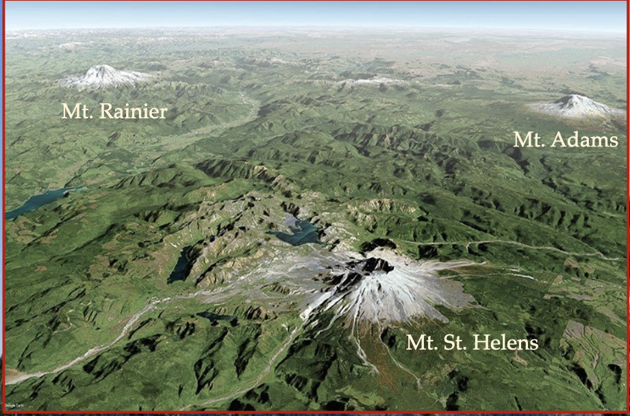 * Mt. Rainier, Mt. St. Helens (both in Washington State) 
* Mt. Adams (in Oregon)