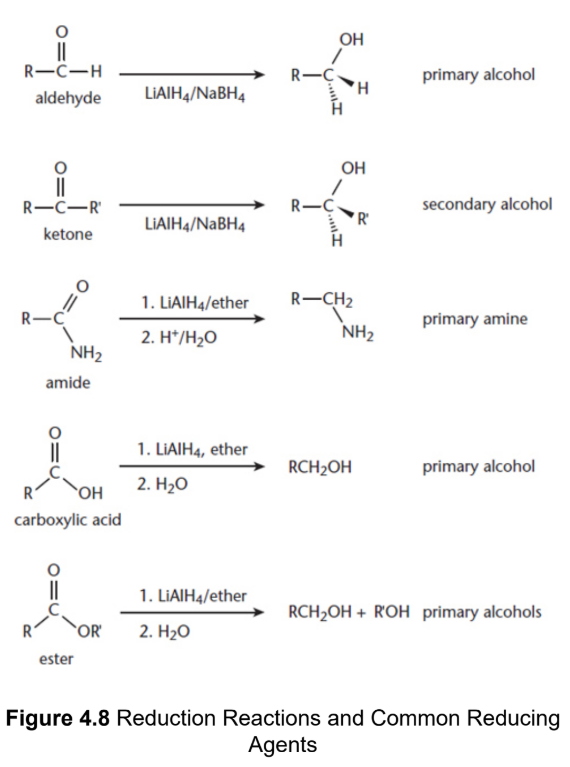 <p>decrease in oxidation state; gain in electrons; increasing the number of bonds to hydrogen</p>