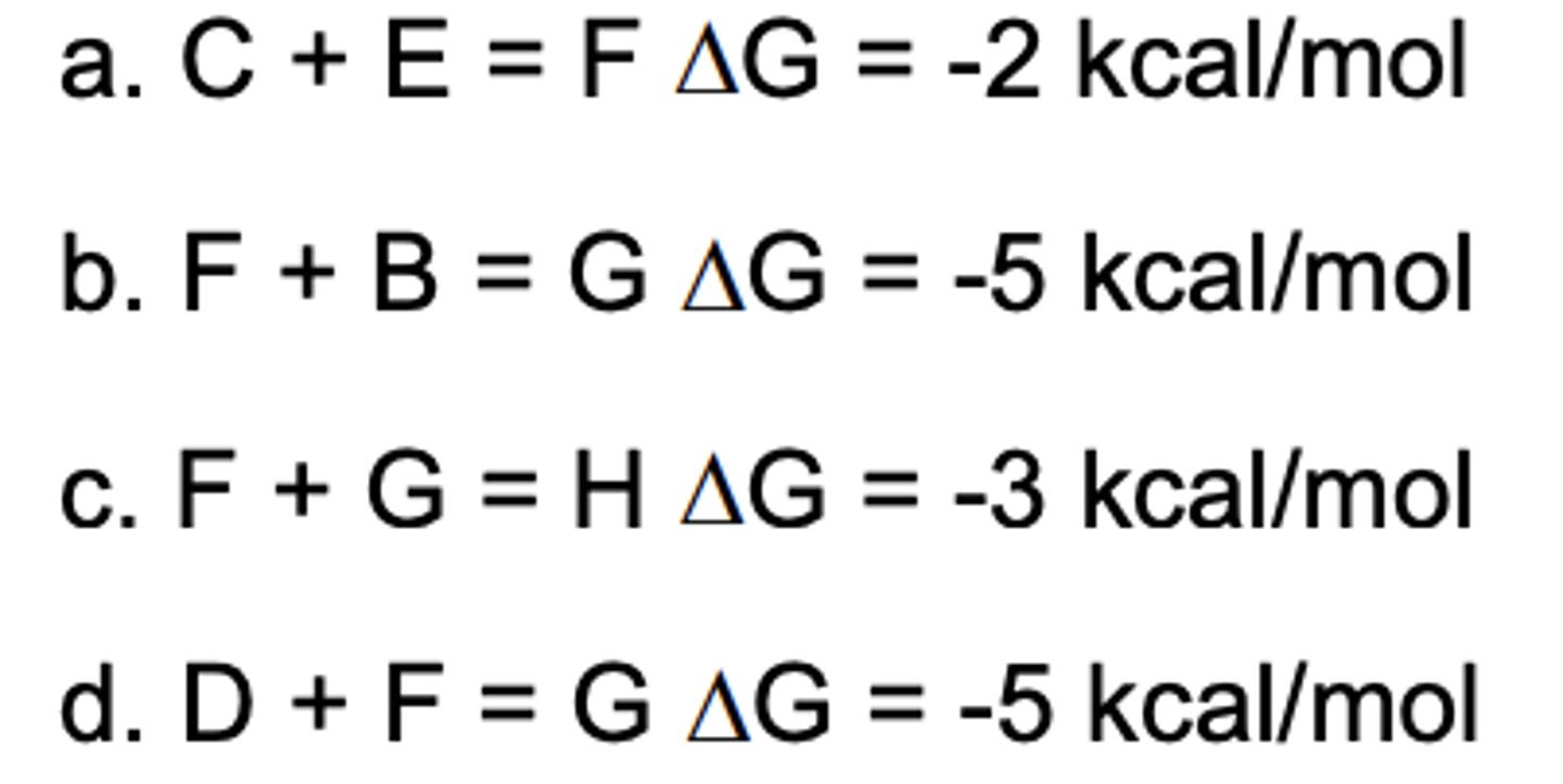 <p>Which reaction can be coupled to A + B = C + D G = 3 kcal/mol?</p>