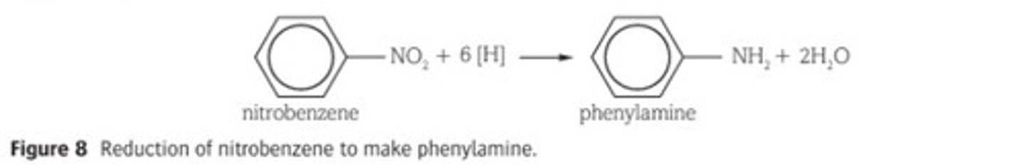 <p>By the reduction of nitro compounds.</p><p>Nitrobenzene can be reduced by heating under reflux with tin and excess concentrated hydrochloric acid as a reducing agent.</p><p>Since excess acid is used, the phenylammonium ion forms (C6H5NH3+).</p><p>The addition of concentrated sodium hydroxide removes the hydrogen ion to form the amine group and water.</p>