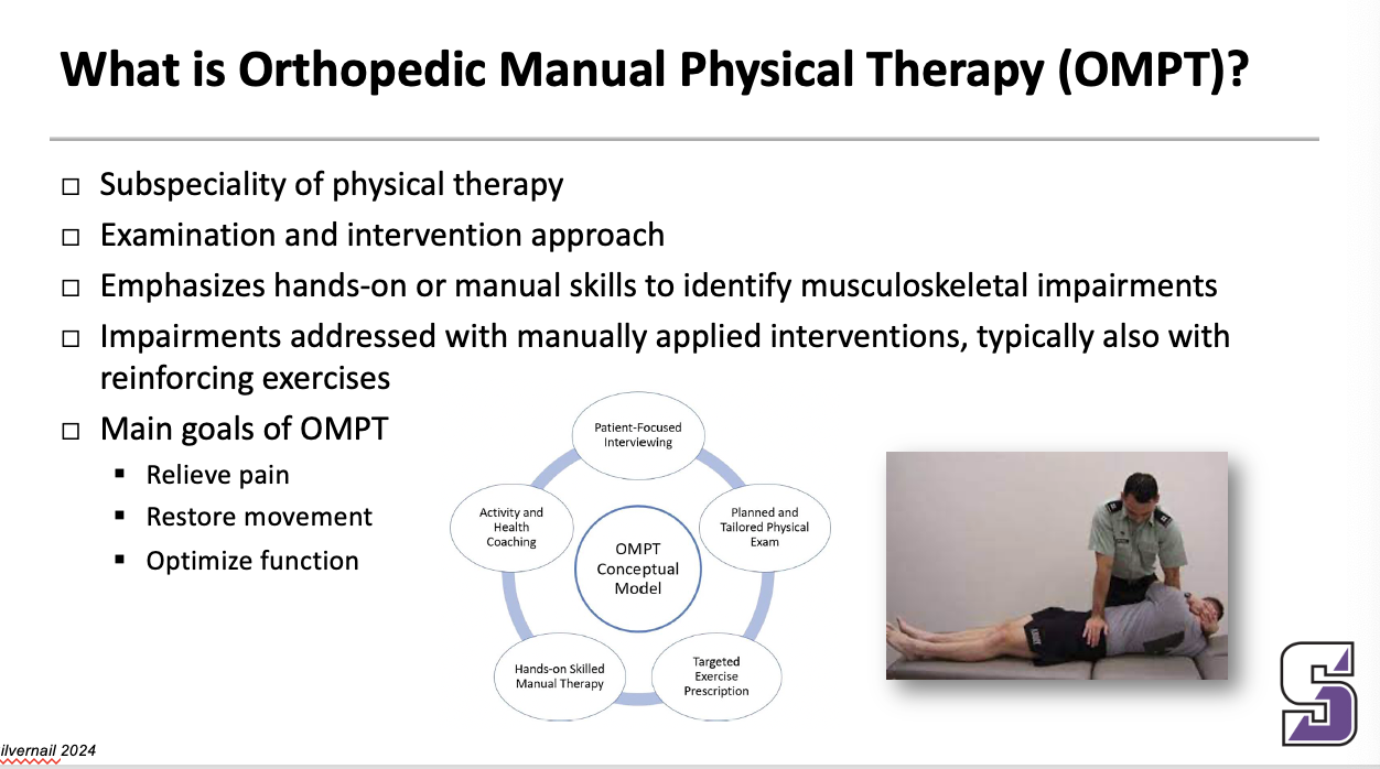<ul><li><p><span>Subspeciality of physical therapy</span></p></li><li><p><span>Examination and intervention approach</span></p></li><li><p><span>Emphasizes hands-on or manual skills to identify musculoskeletal impairments</span></p></li><li><p><span>Impairments addressed with manually applied interventions, typically also with reinforcing exercises&nbsp;</span></p></li><li><p><span>Main goals of OMPT</span></p><ul><li><p><span>Relieve pain</span></p></li><li><p><span>Restore movement</span></p></li><li><p><span>Optimize function</span></p></li></ul></li></ul><p>______</p><p><span>“Orthopedic manual physical therapy is a subspecialty of physical therapy featuring a systematic active approach to the management of a broad spectrum of physical disorders.&nbsp; Based on a patient-centered advanced clinical reasoning model taught in fellowship training, OMPT has key distinguishing characteristics that include expertise in hands-on iterative examination and treatment strategies inclusive of thrust and nonthrustmanipulation.&nbsp; Essential to OMPT is a focus on continuous reassessment, through all aspects of care, synergistic application of carefully designed and dosed exercise, and a patient-centered long-term mindset driven by the available scientific and clinical evidence, and the biopsychosocial framework of each individual patient.</span></p>