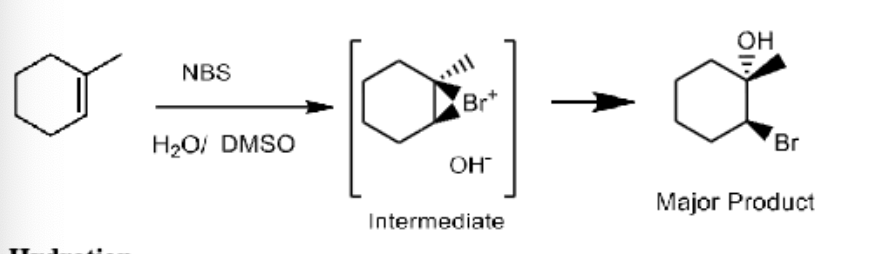 <p>NBS / H<sub>2</sub>O DMSO</p><p>Products: Br + OH</p><ul><li><p>OH goes to more substituted Carbon</p></li><li><p>Anti/Trans</p></li></ul><p></p>