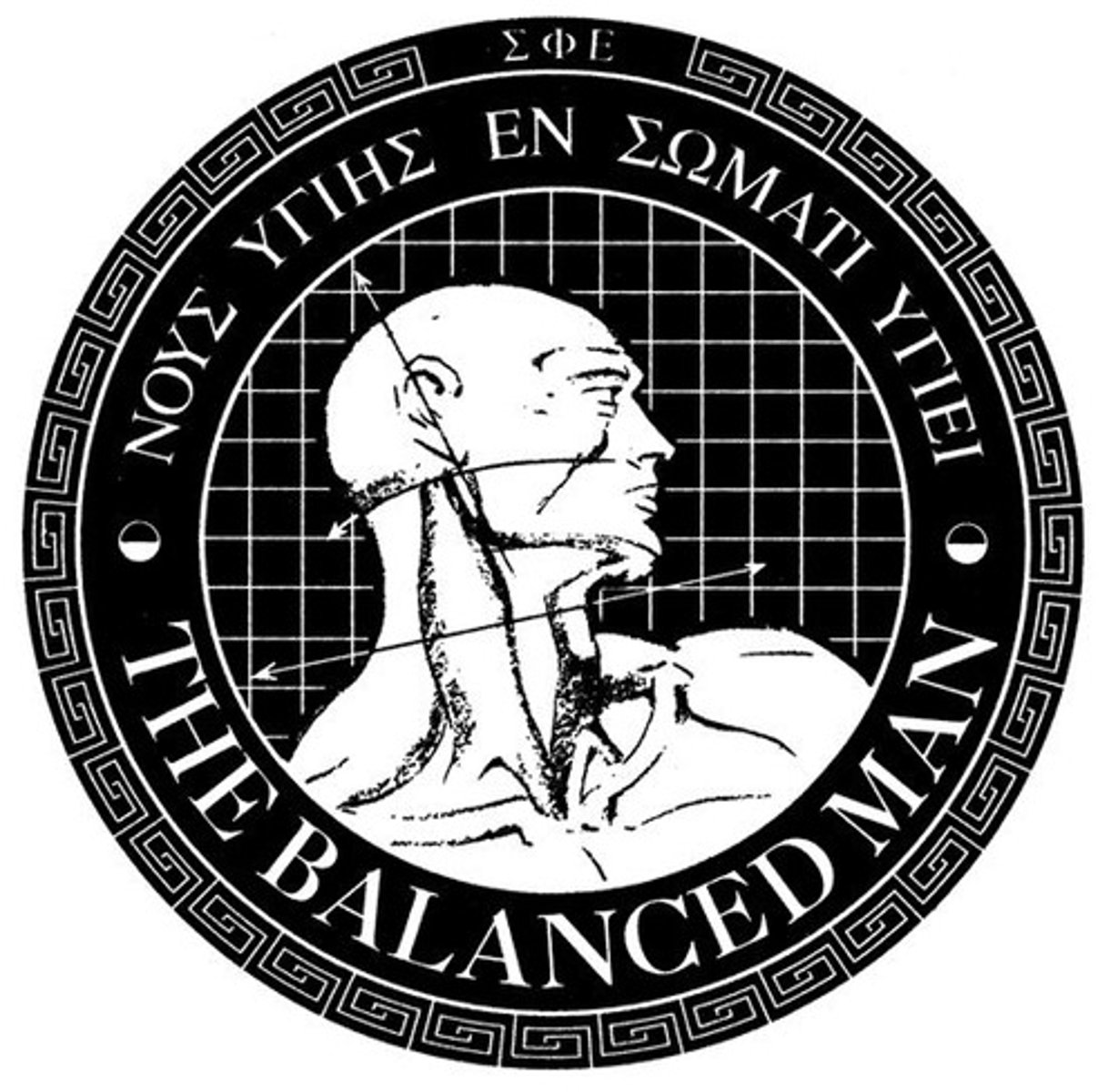 <p>In respect to looking at it: Bald man facing to the right. "The Balanced Man" is written along the bottom of the pins outer rim and written on the top in Greek: "a sound mind inside of a sound body."</p>