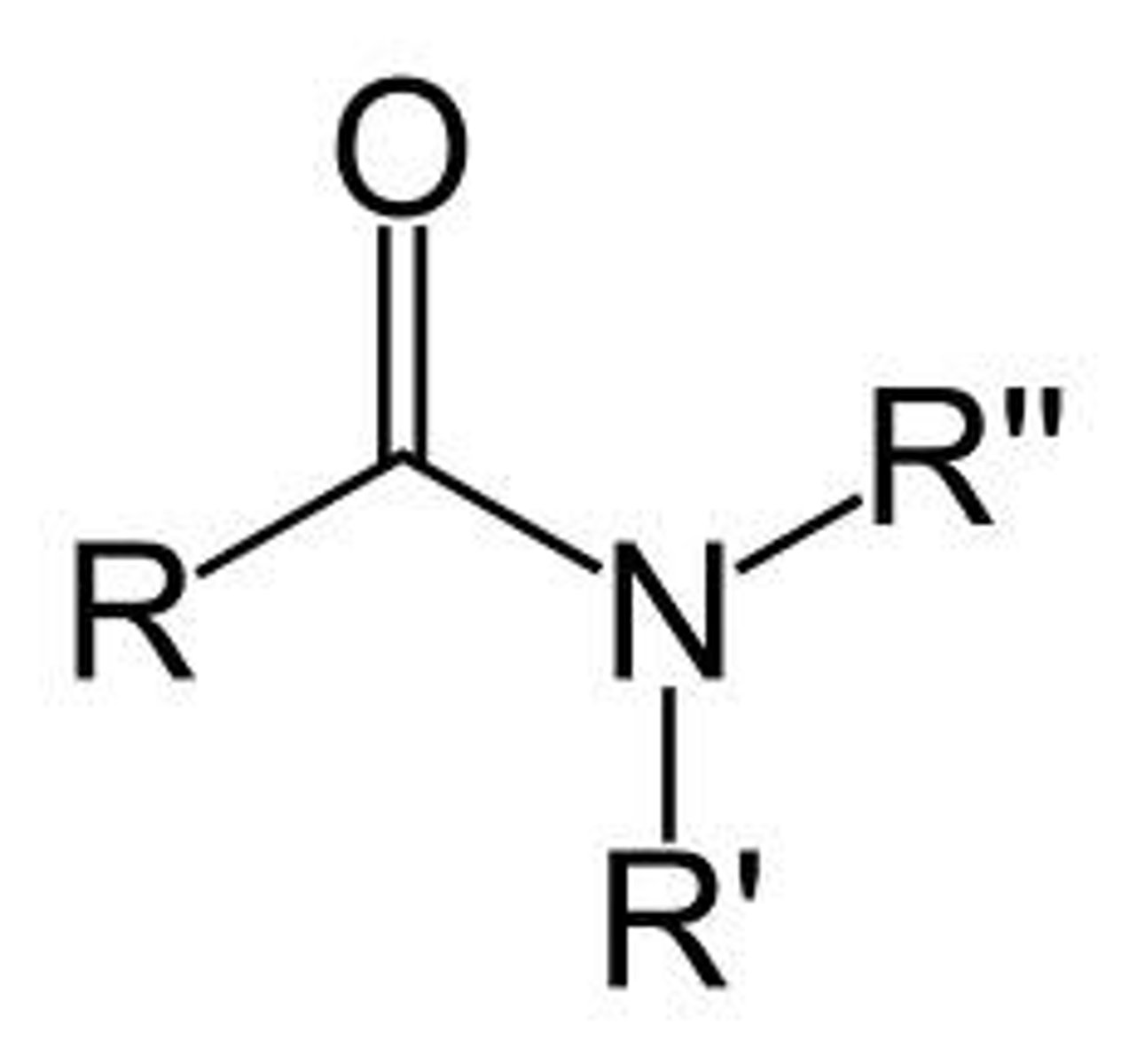 <p>Nitrogen is bound to a carbonyl group, and two Rs</p>