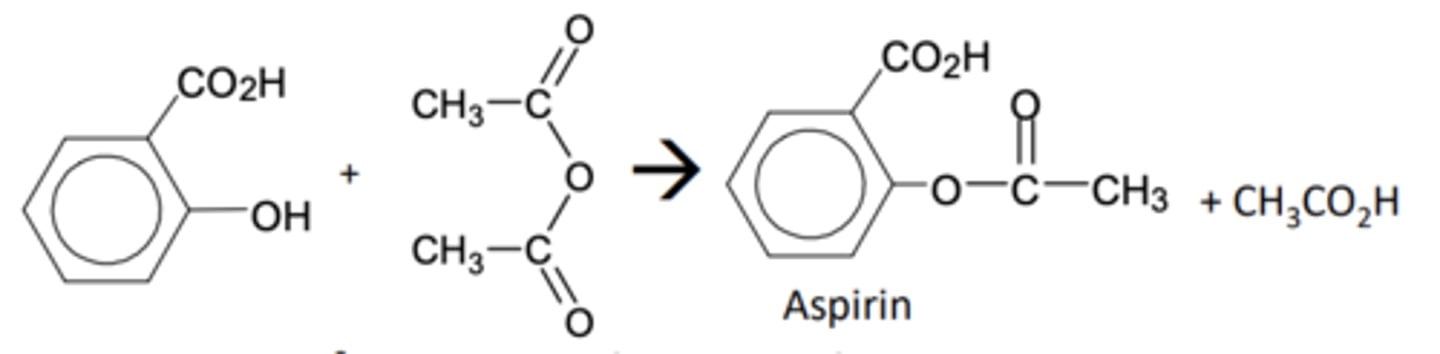 <p>Aspirin is made from 2-hydroxybenzoic acid which contains a phenol group</p><p>- The phenol group is turned into an ester by reacting it with the reactive ethanoic anhydride</p>