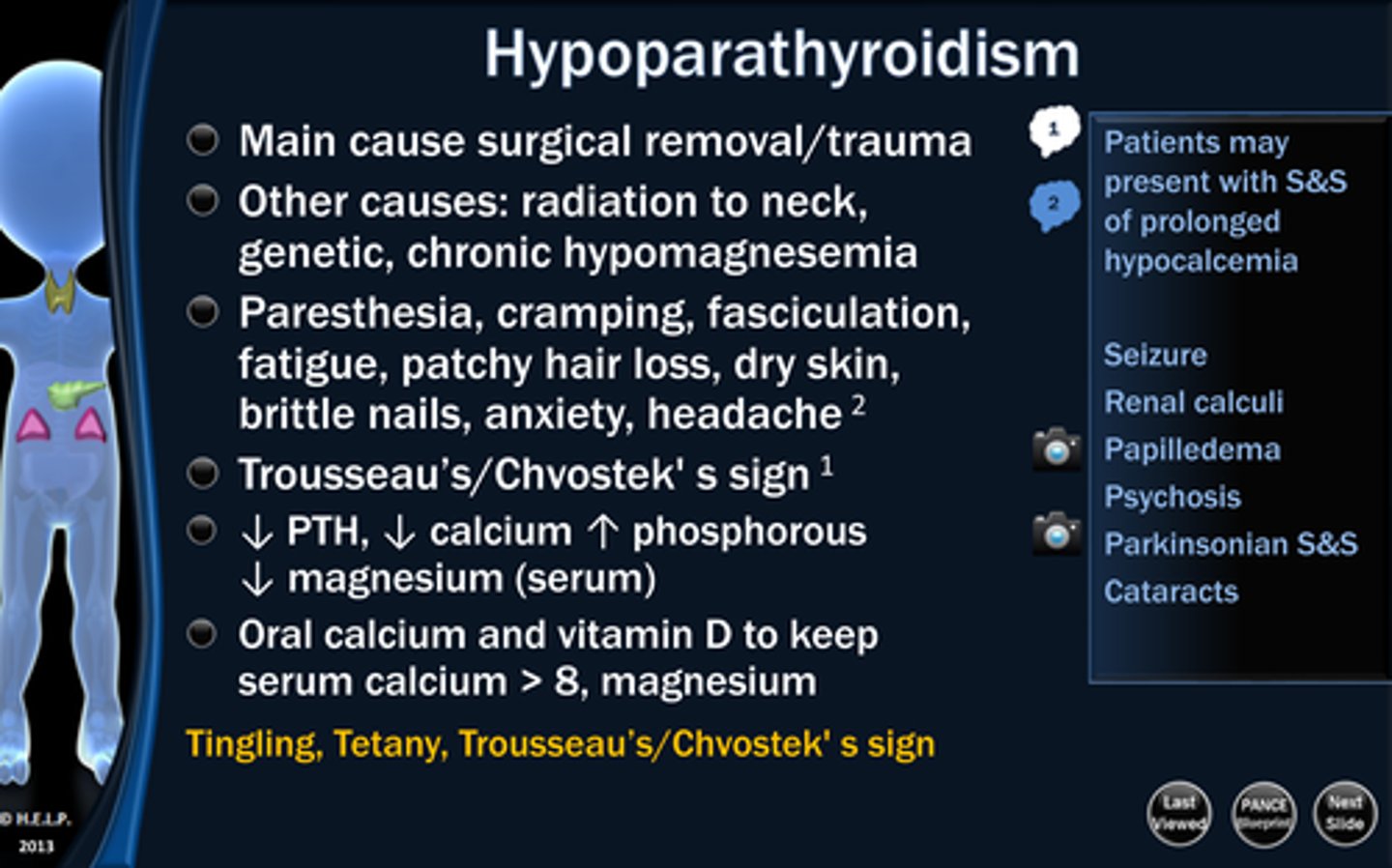 <p>Hypofunction of parathyroid gland</p><p>Sxs: Hypocalcemia, seizures, cognitive deficits, tetany, cramps, muscle pain, cardiac arrhythmias. May see Trousseau's Sign</p><p>Tx: Intravenous calcium</p>