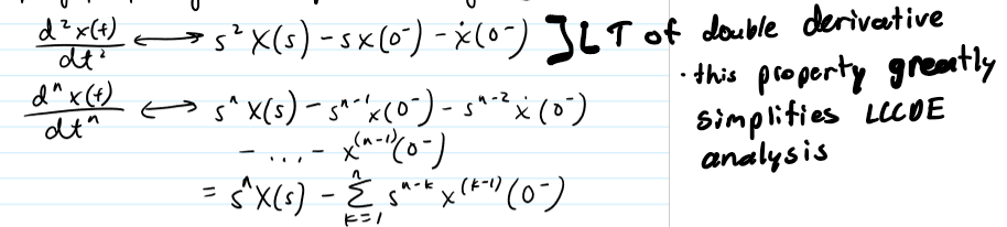 <p>x(t) ←&gt; X(s) then dx(t)/dt ←&gt; xX(s) - x(0-)</p>