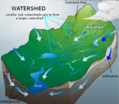 an area or ridge of land that separates waters flowing to different rivers, basins, or seas, that will all end up in the same location, like a funnel
watersheds are divided by divides and can differ depending on their area, length, slope, soil, vegetation types, and divides with adjoining watersheds