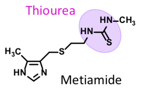 <p>H2 Selective Inverse Agonist </p><p>Antihistamine </p><p><span>In clinical trials,<br>patients developed agranulocytosis</span></p><p><span style="color: rgb(218, 4, 208)">Thiourea responsible for toxicity</span></p>