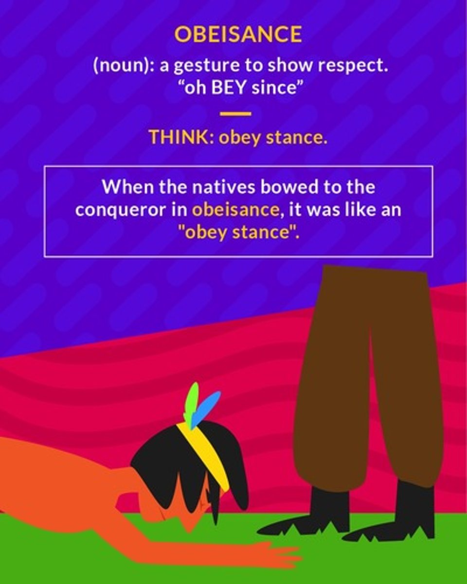 <p>a deep bow or other body movement indicating respect or submission; deference, homage</p><p>(noun) a gesture to show respect</p>