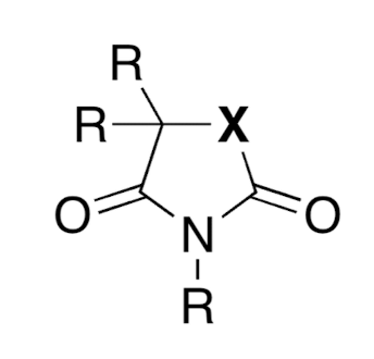 <p>Barbiturates: X= CONH</p><p>Hydantoins: X= NH</p><p>Oxazolidinediones: X = O</p><p>Succinimides: X= CH2</p>